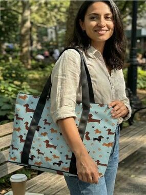 Dachshund XL Zip Tote Bag Blue Dog Print Beach Travel Shoulder Bag NWT